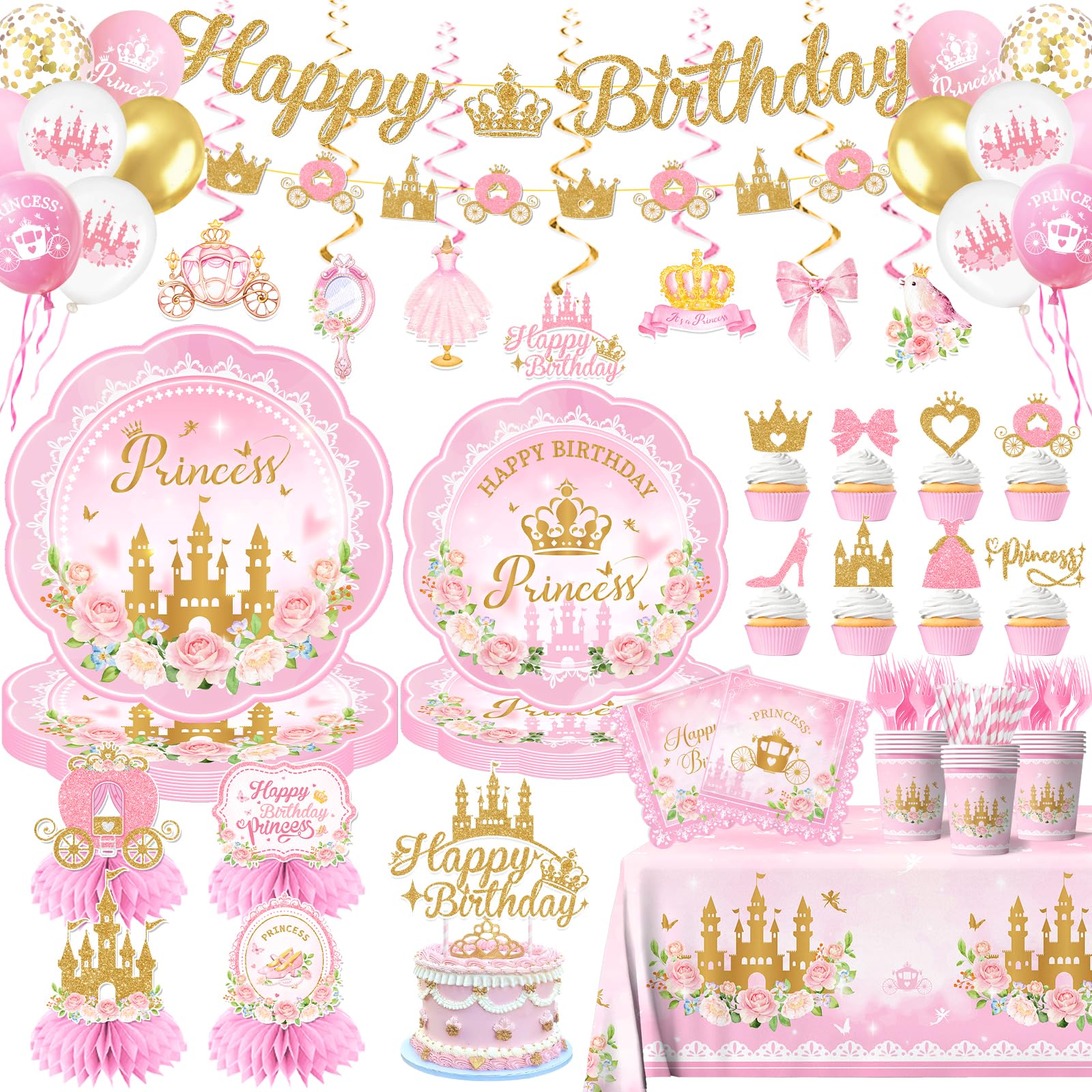 196Pcs Princess Birthday Party Decorations Serves 24,Pink Princess Birthday Themed Tableware Includes Scalloped Plates,Napkins,Tablecloth,Banner,Balloon,Cake Topper for Girls Princess Party Supplies