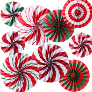 Outus 9 Pcs Christmas Hanging Decorations Candy Paper Fans Peppermint