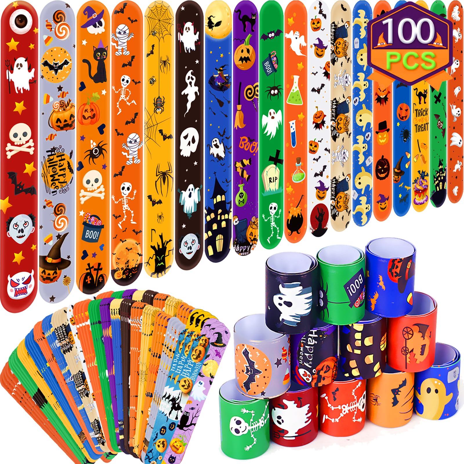 Halloween Slap Bracelets for Kids, 100 Halloween Bracelet Toys Bulk For Kids Girls Boys, Trick or Treat Party Favors, Classroom Prizes, Exchanging Gifts, Halloween Party Gift Treat Bag Filler Supply