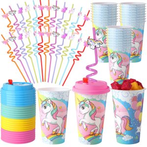 Maxcheck 24 Sets Unicorn Party Favors Goodie Cups with Lids and Straws