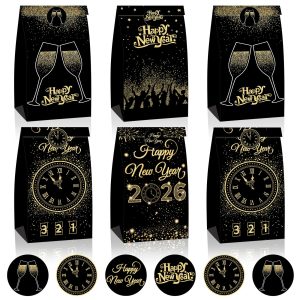 FEBSNOW 24 Pack Happy New Year Gift Bags, Happy New Years Eve Party Favors Candy Treat Goodie Bags for New Years Eve Party Supplies Decorations 2026 with 24 Pcs Happy New Year Stickers