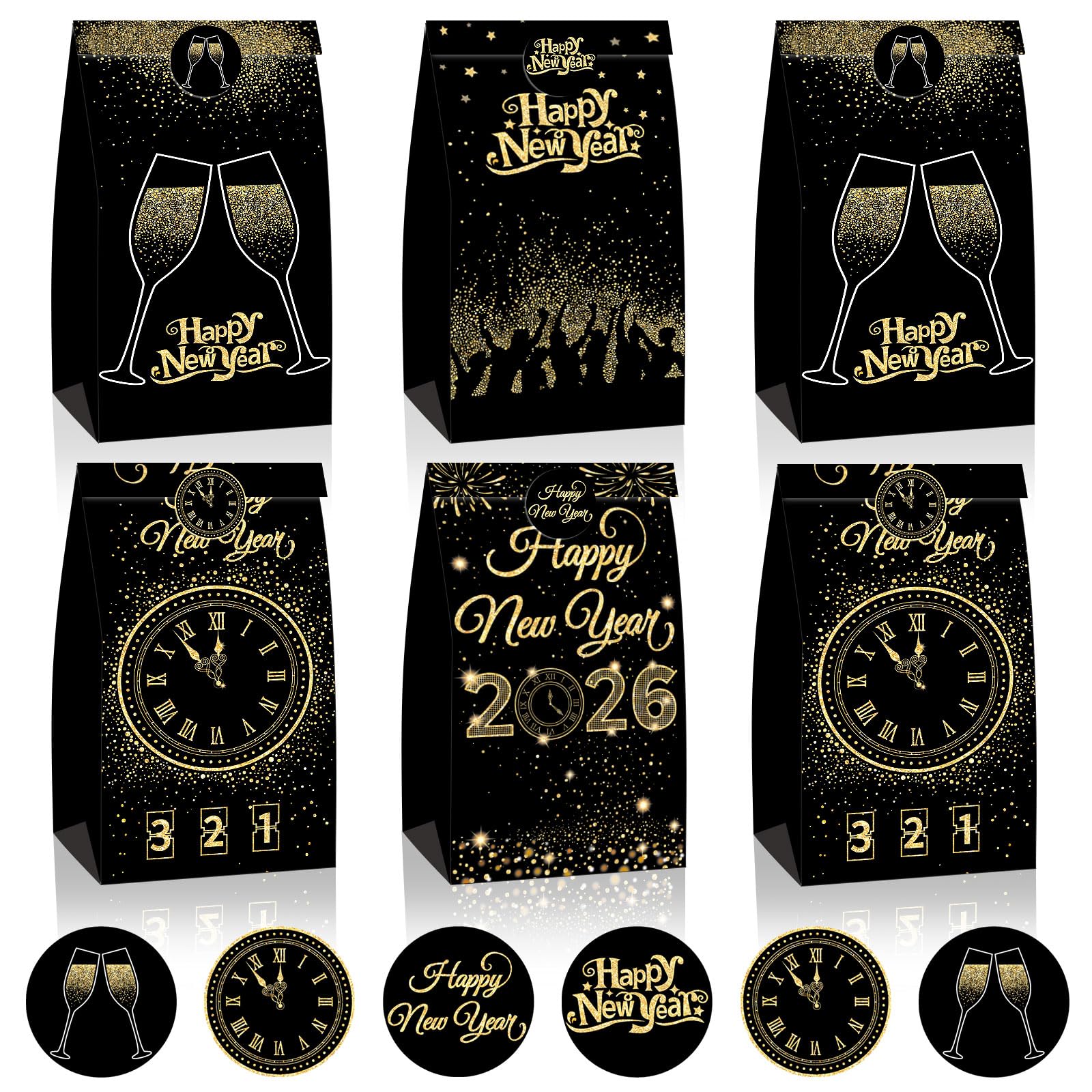 FEBSNOW 24 Pack Happy New Year Gift Bags, Happy New Years Eve Party Favors Candy Treat Goodie Bags for New Years Eve Party Supplies Decorations 2026 with 24 Pcs Happy New Year Stickers