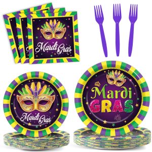 96Pcs Mardi Gras Party Supplies Mardi Gras Paper Plates Napkins Forks Colorful Mardi Gras Decorations Dinnerware Disposable Party Favors Mardi Gras Party Decorations for Party Tableware Serves 24