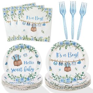 Heboland Boy Baby Shower Decorations Plates Set 25 Guests, 100 Pcs Blue It's a Boy Sweet Baby Shower Decorations Paper Plates Napkins Forks Set Tableware