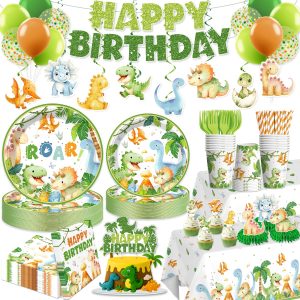 213Pcs Dinosaur Birthday Party Decorations Tableware Set, 25 Serves