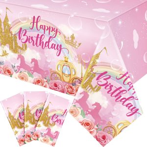 Oudain 3 Pack Princess Tablecloths Happy Birthday Pink Disposable Covers