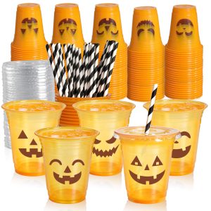 CUPLOOV 50pcs Halloween Plastic Cups with Lids and Paper Straws, 12Oz Disposable Pumpkin Cups With 5 Styles Patterns for Halloween Trick or Treat Birthday Party Supplies