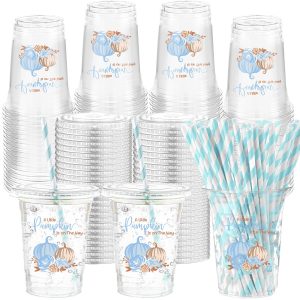 Yungyan 50 Pcs 16 oz Little Pumpkin Baby Shower Plastic Cups with Lid Straw