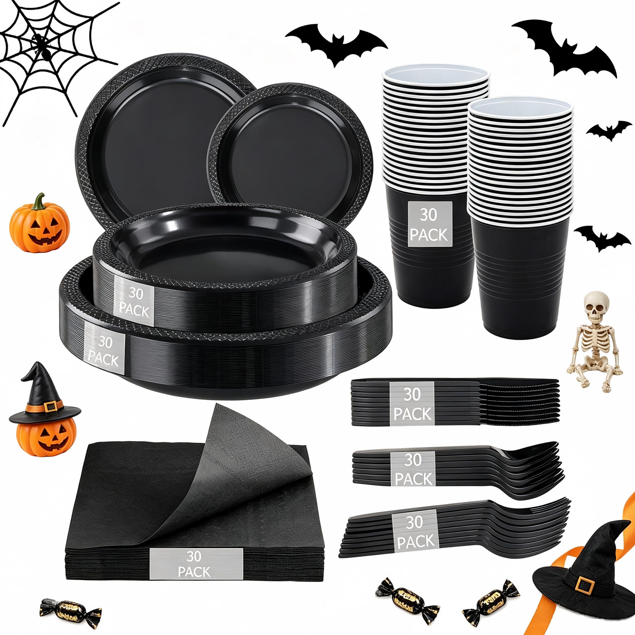 WELLIFE 210Pcs Black Plastic Plates,Black Disposable Plates for Party