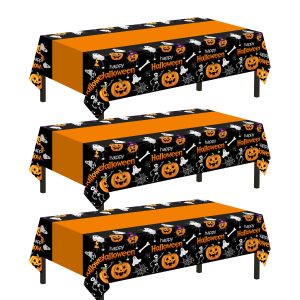 Childom 3 Pack Halloween Tablecloth,Halloween Decorations 54x108 Inch Disposable Plastic Table Cover for Rectangle,Pumpkin Spider Web Ghost Table Cloth for Home Indoor Outdoor Halloween Party Supplies