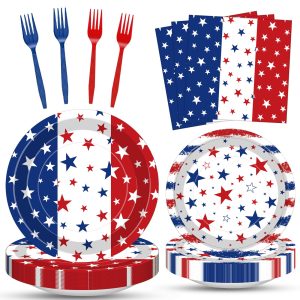 100 Pcs Patriotic Red White Blue Stars Plates Napkins Tableware Decorations