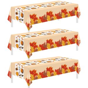 Childom Thanksgiving Tablecloth, 3 Pack Disposable Plastic Tablecloth 54" x 108" Thanksgiving Decorations, Autumn Maple Leaf Party Table Cover, Fall Harvest Party Decor for Outside,Picnic,Home,Dinner