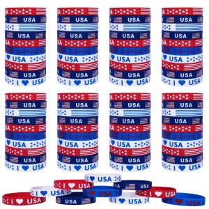 JAKADYUKS 100Pcs American Flag Silicone Bracelets, Fourth 4th of July Party Accessories USA Veterans Day Memorial Day Patriotic Wristband, Red White and Blue Party Favors School Gifts