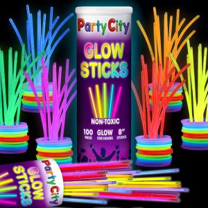 Party City 100 Glow Sticks Bulk Party Pack 8”– Neon Glow in the Dark Party Supplies, Glowsticks with Connectors…