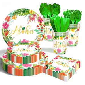 Hawaiian Luau Party Decorations Supplies - 175 PCS Aloha Tropical Birthday Party Decorations Disposable Dinnerware Set (25 Guest) With Paper Plates Napkin Cup for Summer Beach Themed Pool