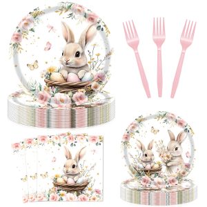 96 Pieces Easter Bunny Eggs Paper Plates and Napkins, Spring Floral Rabbit Disposable Tableware with Plates Napkins Forks for Spring Easter Party Supplies, Baby Shower Birthday Party Decor - Serves 24
