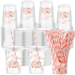 Yungyan 50 Pcs 16 oz Little Pumpkin Baby Shower Plastic Cups with Lid Straw