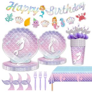 146Pcs Shell Plates and Napkins Iridescent Mermaid Party Supplies Includes Plates, Napkin, Fork, Cup, Straw, Tablecloth, Banner Seashell for Under the Sea Birthday Party Decorations, Serves 24