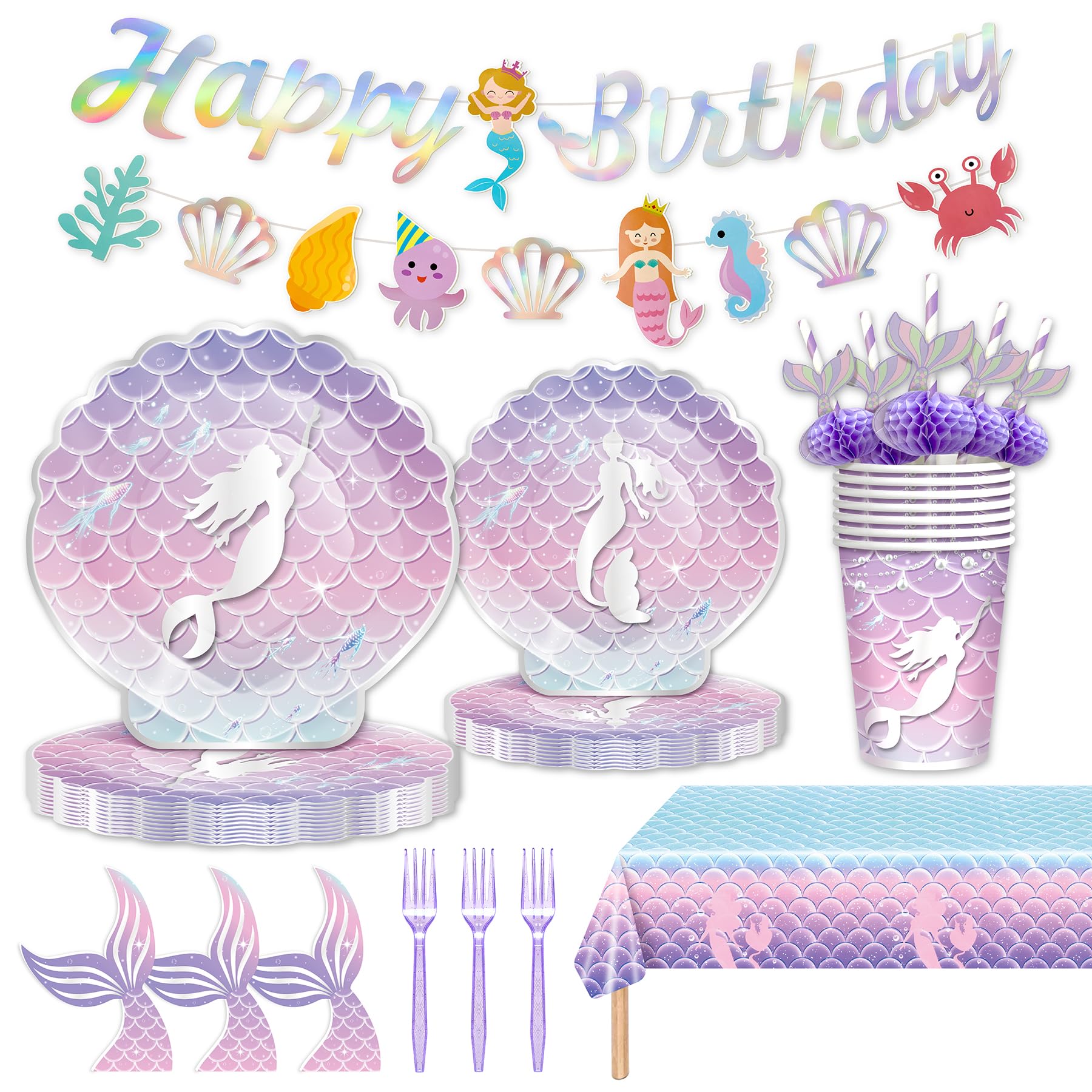 146Pcs Shell Plates and Napkins Iridescent Mermaid Party Supplies Includes Plates, Napkin, Fork, Cup, Straw, Tablecloth, Banner Seashell for Under the Sea Birthday Party Decorations, Serves 24