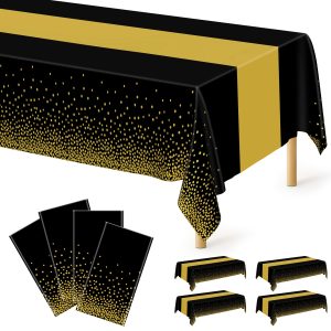 4Pack Black and Gold Tablecloths for Events, 54" x 108" Plastic Table Cloth Disposable for Rectangle Tables, Waterproof Table Cloth Cover for New Years Eve Decorations Holiday Birthday Wedding Dining