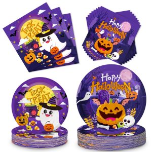 150 Pcs Halloween Plates and Napkins Sets - Cute Happy Halloween Party Supplies Tableware, Halloweens Disposable Paper Plates Napkins Set for Halloweens Birthday Party Decorations Favors, Serve 50