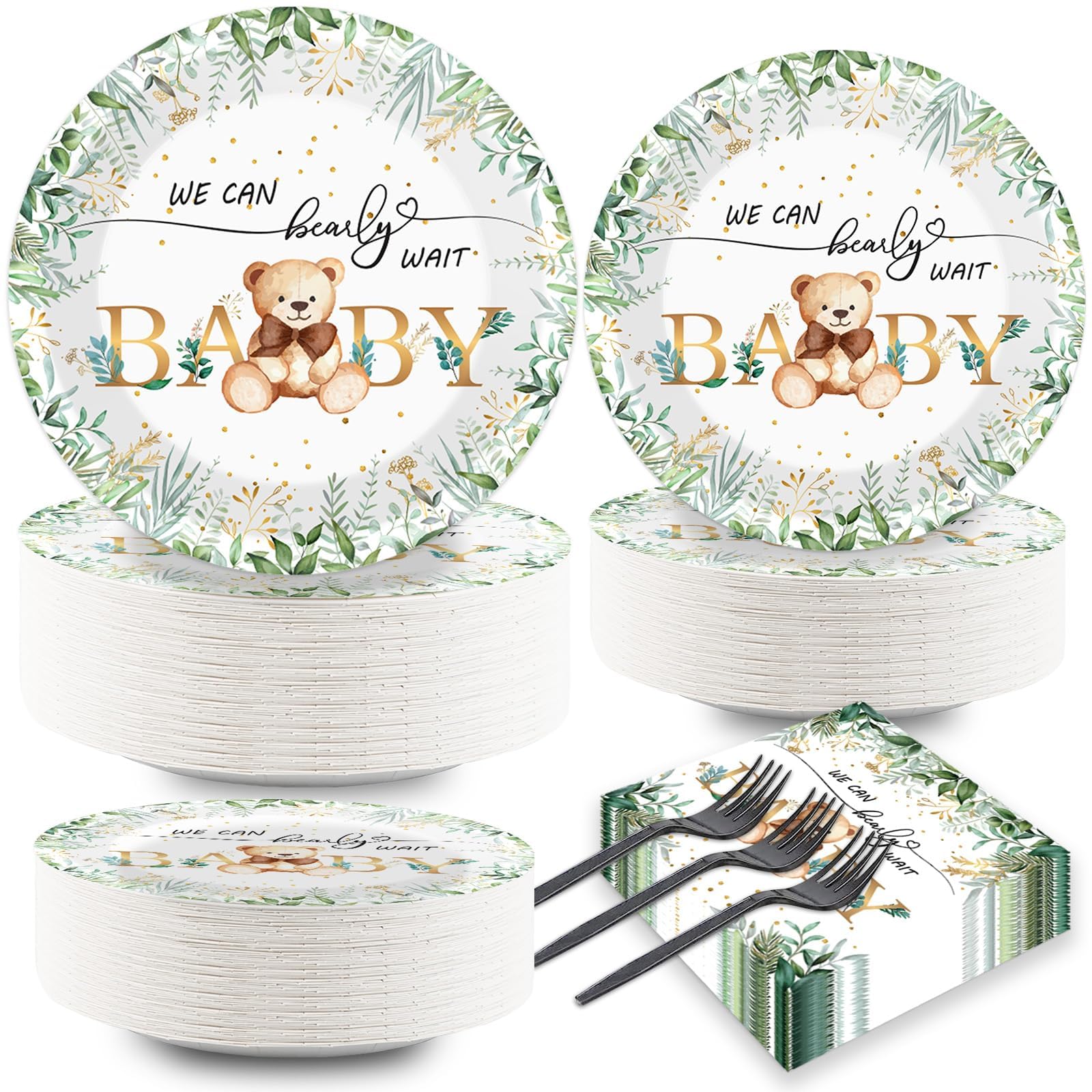 Naozinebi 200PCS Sage Green Bear Baby Shower Decoration Teddy Plates Napkins We Can Bearly Wait Paper Plates Greenery Bear Party Tableware Set for Gender Reveal Neutral Party Decor Supplies Serves 50