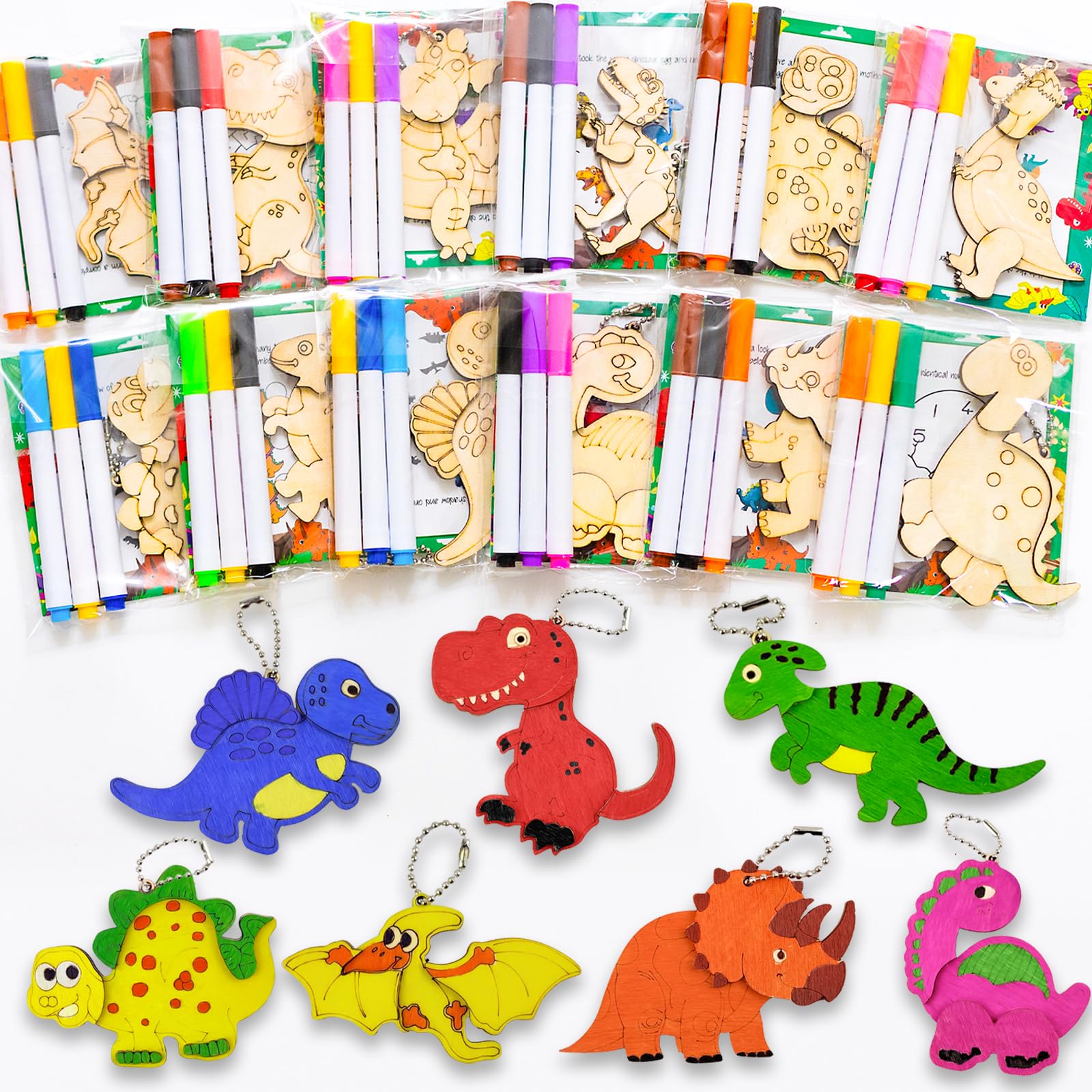 12 Pack Dinosaur Party Favors, Pre-Packaged Dino Wooden Painting Crafts Kit