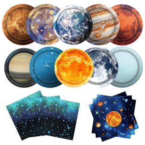 UROINEPA Space Theme Party Decorations 100Pcs Galaxy Planet Outer Space Disposable Plates and Napkins for Kids Space Solar System Planets Baby Shower Birthday Party Decorations, 9inch