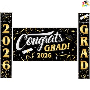 JOYIN 3 Pcs Graduation Decorations Class of 2026, Large Graduation Banners Set, Gold & Black Congrats Grad Party Backdrop and Banner Hanging Porch Supplies for College Graduation Indoor/Outdoor Decor
