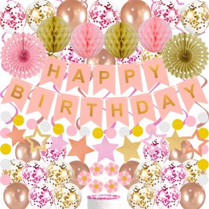 65Pcs Birthday Decorations Happy Birthday Banner Pink Rose Gold Balloons Honeycomb Ball Paper Fans Dots Garland Hanging Swirls Birthday Party Decor for Girls Women Princess