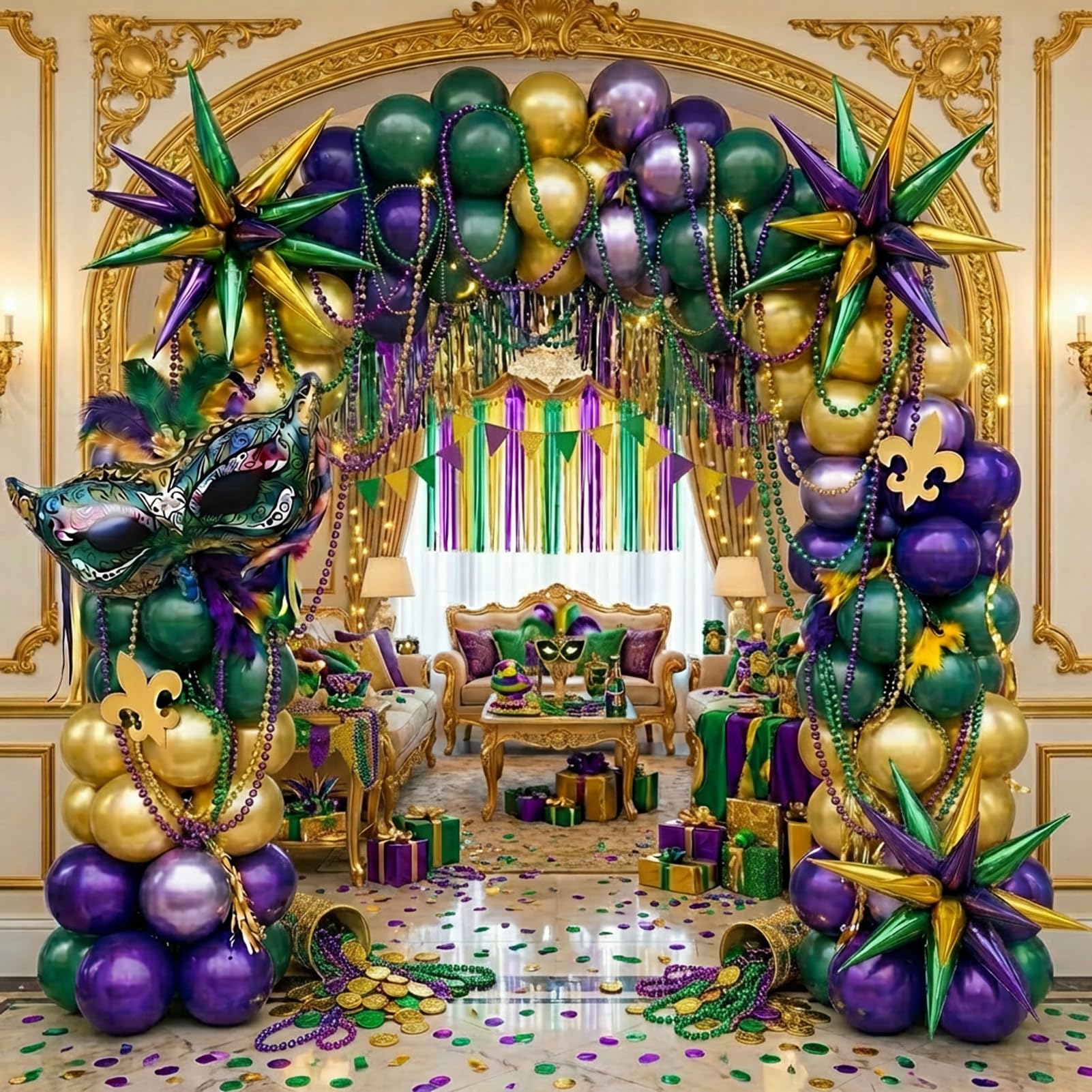 Mardi Gras Purple Green Gold Balloon Garland Arch Kit 101 Pcs with large mylar Star Mardi Mask foil Balloons for 2026 Birthday Masquerade fat Tuesday party Decorations
