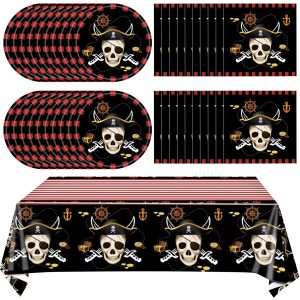 Ryzovo 41pcs Pirate Tableware Set Includes 20 Plates, 20 Npkins and 1 Tablecloth, Pirate Ship Theme Party Supplies…
