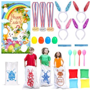 Atonofun Easter Outdoor Party Games for Kids, Potato Sack Race Jumping Bags, Bunny Ears Headbands, Egg and Spoon Race, Legged Relay Race Bands for Easter Theme Party Favor, Easter Eggs Hunt Game