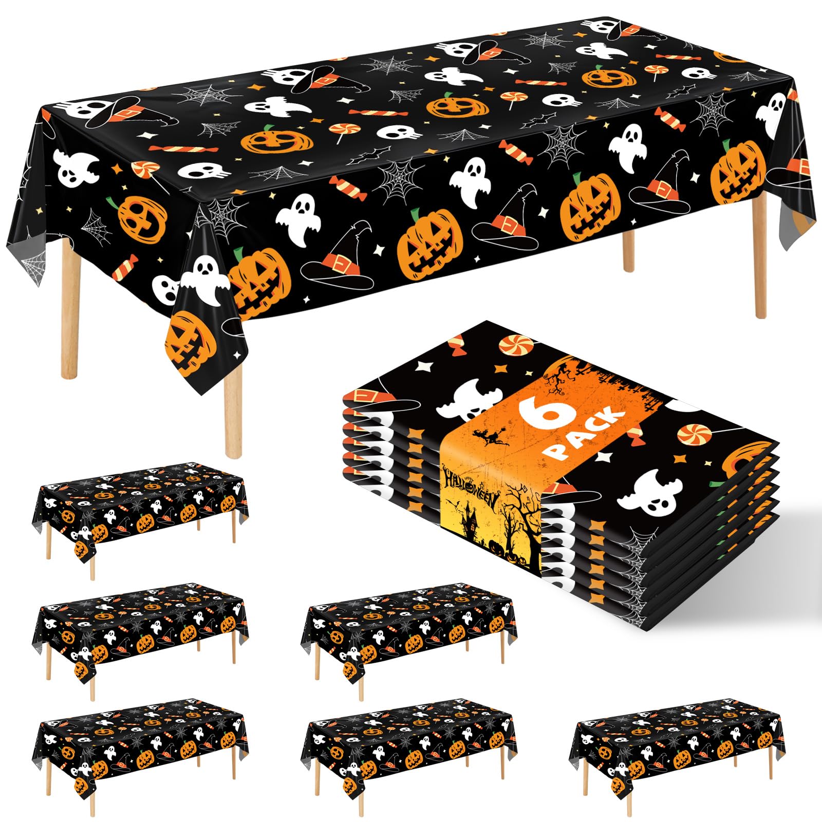 JHDZDHY 6 Pack Halloween Tablecloth, 54" x 108" Rectangular Plastic Halloween Pumpkin Ghost Table Cloth Large Size Halloween Table Covers for Home Decor Party Decorations