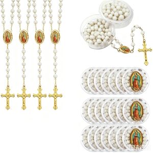 CAYOREPO 48 Pcs Scented Rosary Necklace Set with Gift Box – Wooden Bead Rosary with Crucifix for Women & Men, First Communion, Baptism, Party Favors (White Glod)