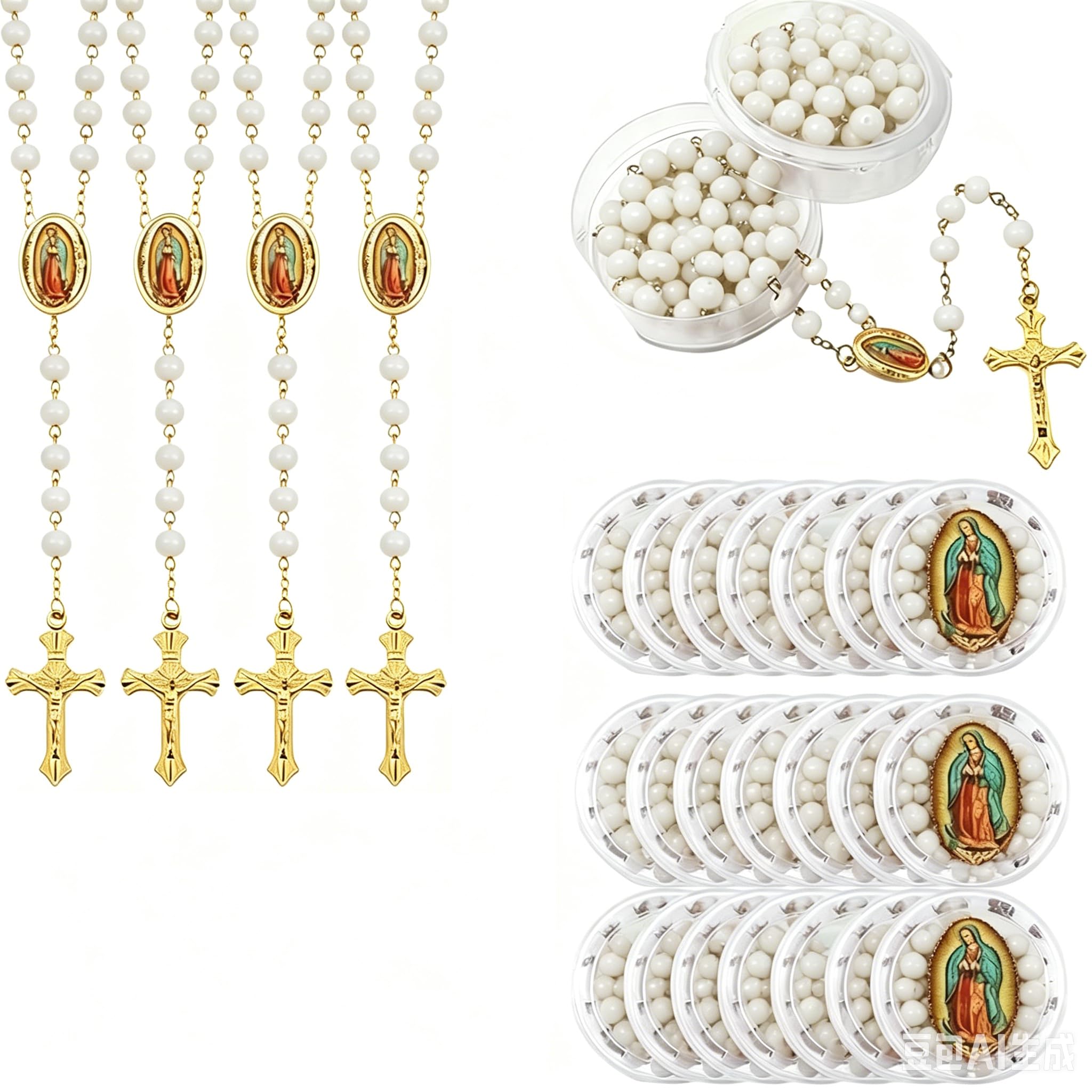 CAYOREPO 48 Pcs Scented Rosary Necklace Set with Gift Box – Wooden Bead Rosary with Crucifix for Women & Men, First Communion, Baptism, Party Favors (White Glod)
