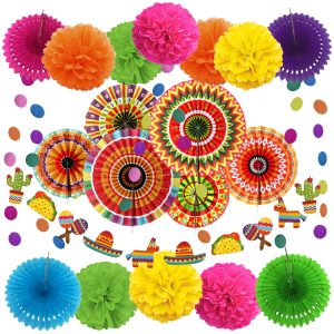 ZERODECO Mexican Party Decorations, 21 Pcs Multi-color Paper Fans, Pom Poms Flowers for Mexican Fiesta Cinco De Mayo Taco Themed Birthday Party Supplies