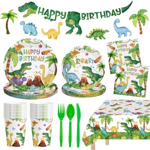170 Pcs Dinosaur Birthday Decorations - Jungle Dino Party Supplies Sets, Includes Happy Birthday Dinner Plates Napkins, Flatware, Banners and Cups for Dinosaur Party Decorations Favors, Serves 24