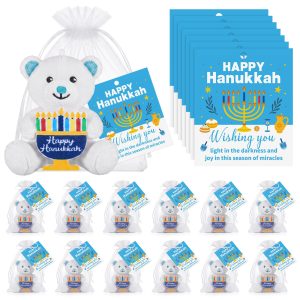 Silipull 12 Pcs Hanukkah Plush Bear Gifts Hold Menorah Hanukkah Stuffed Toy Party Supplies Decorations 4.1" for Young Kid's Family Reunions Party Favor Gift Box Stuffers