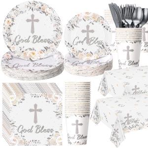 Yungyan 194 Pcs Baptism Plates and Napkins Tablecloth Cups serves 24 Baptism Decorations Cross Disposable Silver Holy Communion Set for Wedding Newborn Religious First Holy Communion Party Supplies