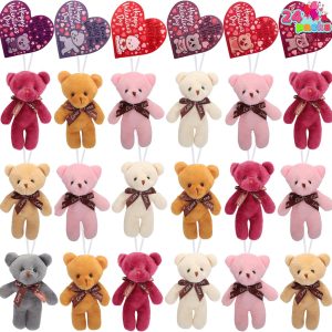 JOYIN 24 Packs Valentine's Day Heart Cards with Plush Toy Party Favors, Mini Stuffed Plush Toys for Valentines Day Gifts, Kids Classroom School Exchange Prize (brown bear)