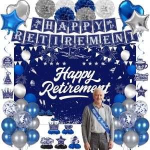 Toosci Retirement Party Decorations for Women Men, Blue Silver Happy Banner