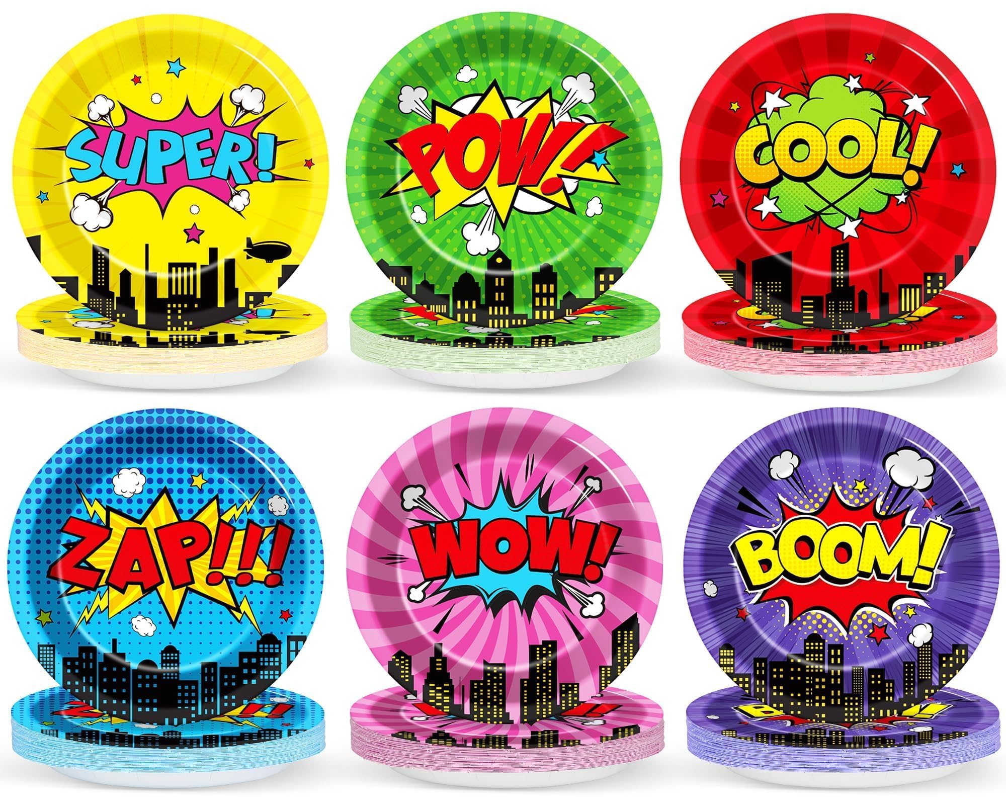 CHUNNIN 60 Pcs Super Theme Hero Party Plates for Birthday Party Decorations 9in Super Theme Hero Paper Plates Disposable Colorful Paper Plate for Kids Home Birthday Event Supplies