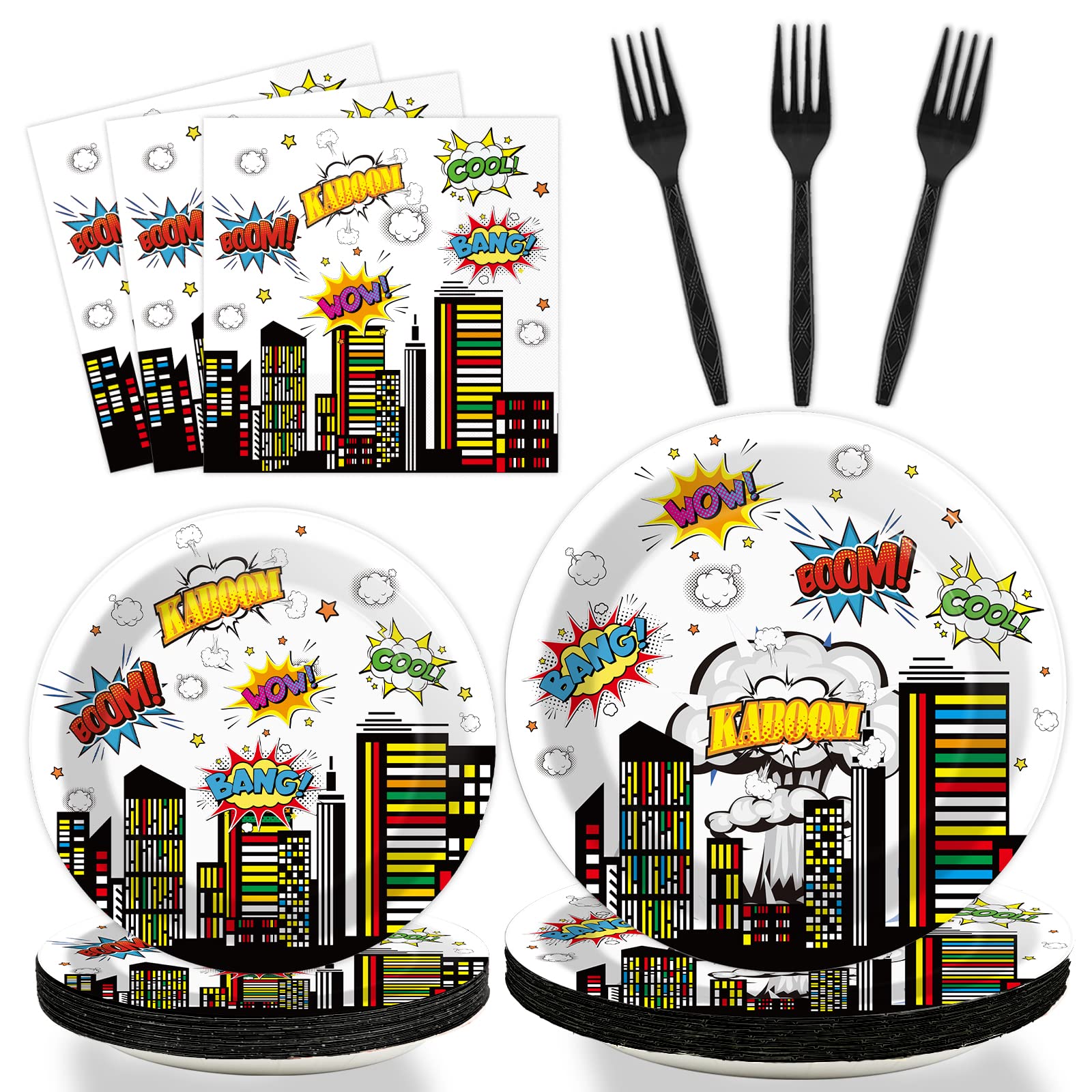 96 PCS Super Theme Hero Party Plates Napkins Hero Themed Party Tableware Hero Action Sign Disposable Paper Plates Napkins Happy Birthday Party Decorations Supplies Favors for 24 Guests