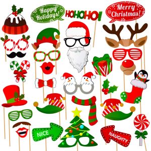 Christmas Photo Booth Props Kit(32Pcs) DIY Photo Booth Prop Pose Sign Kits for Adults Kids for Christmas Party Supplies (Christmas)