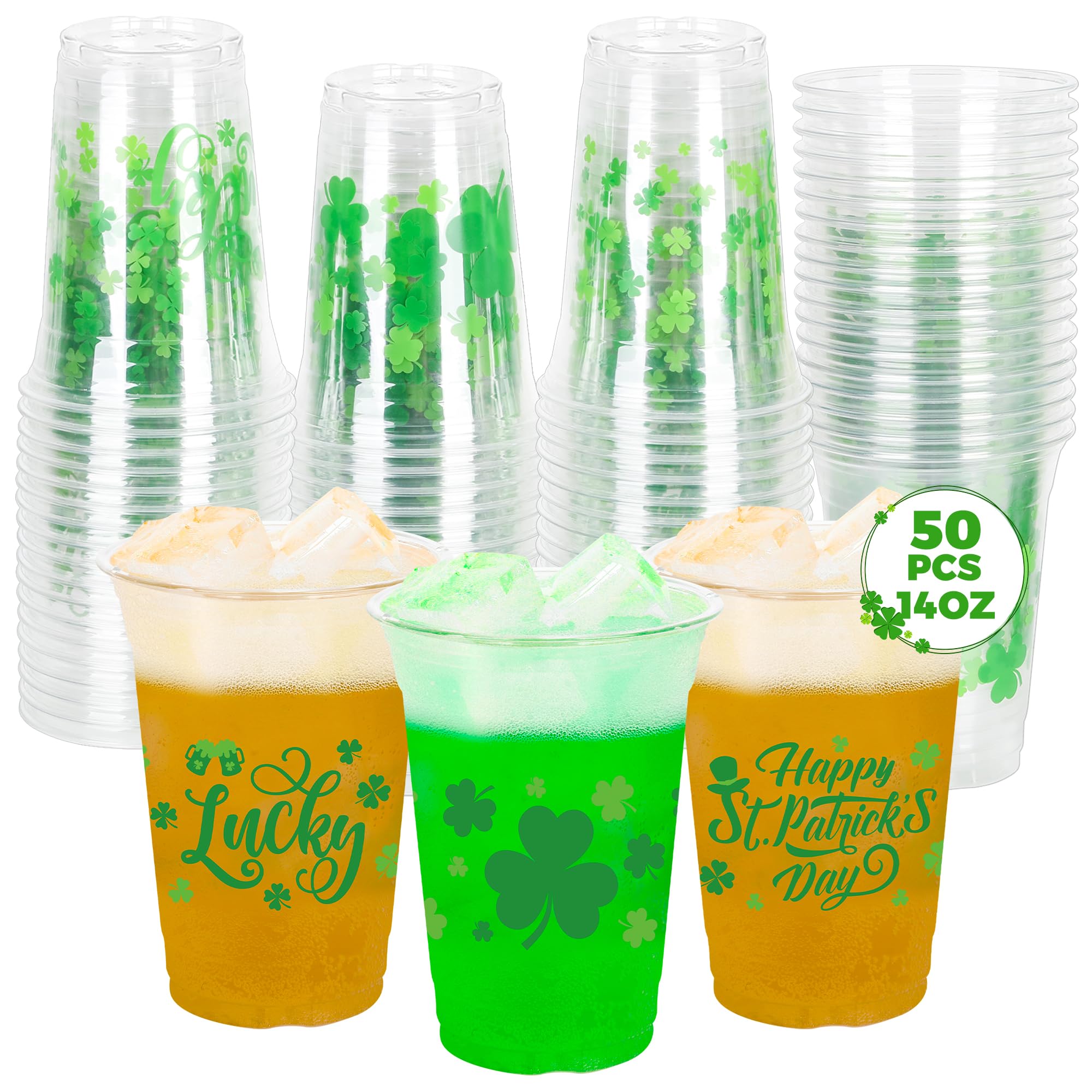 QZYL 50 PCS St Patricks Day Cups, 14 OZ St Patricks Day Party Decorations, Lucky Clover Design Shamrock Disposable Cups Green Plastic Cups St Patricks Cups, Irish Decor St Patricks Day Party Supplies