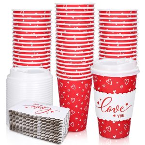 Whaline 50 Set Valentine's Day Red Heart Disposable Coffee Cups with Lids and Sleeves Red White Love Heart Paper Drinking Cups for Wedding Anniversary Party Supplies