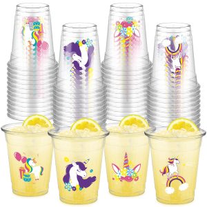 FoldTier 50 Pcs Unicorn Cups 12 oz Unicorn Plastic Glasses Clear Disposable Cups Rainbow Theme Drinking Glasses for Home Kitchen Theme Birthday Party Favors Supplies Decoration