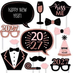 2027 New Years Eve - Rose Gold Photo Booth Prop Kit, Cardstock Props - 20pc