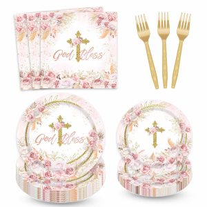 AEMUYA Baptism Plates and Napkins, Boho Floral Mi Bautizo, 24 Guests